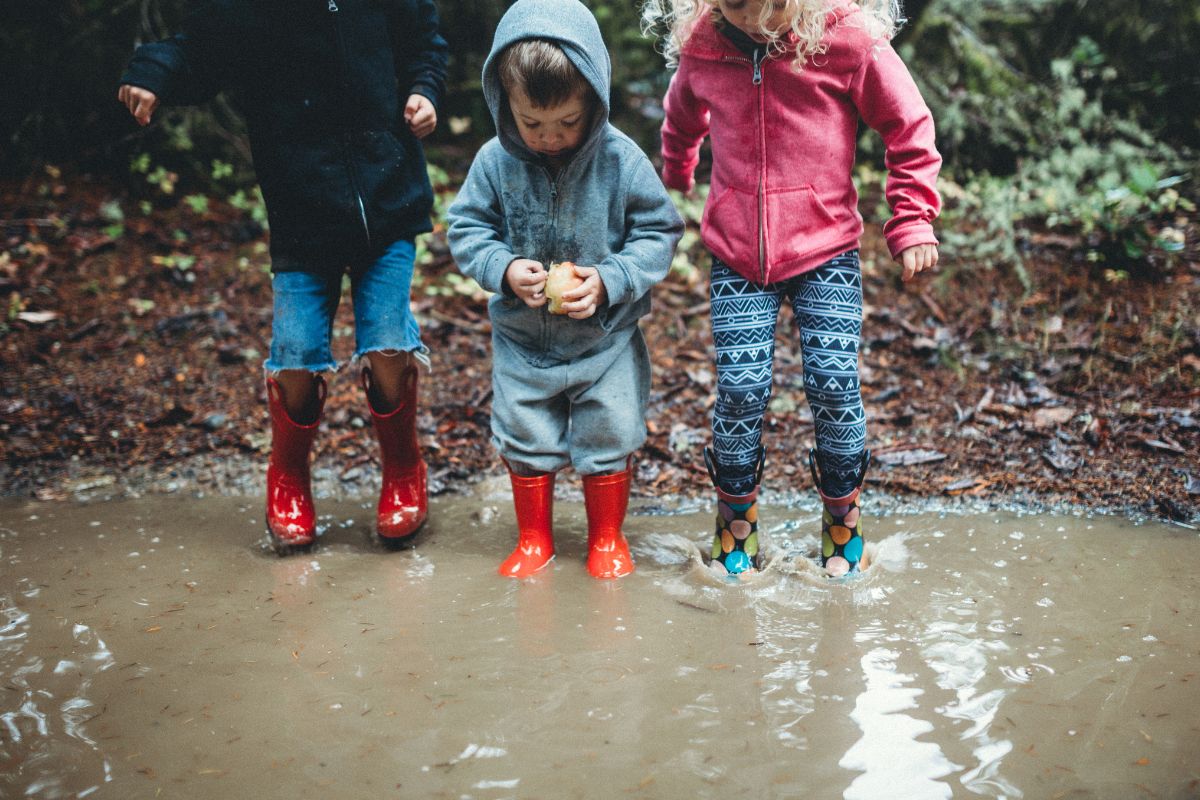 Three children wearing wellies in a puddle